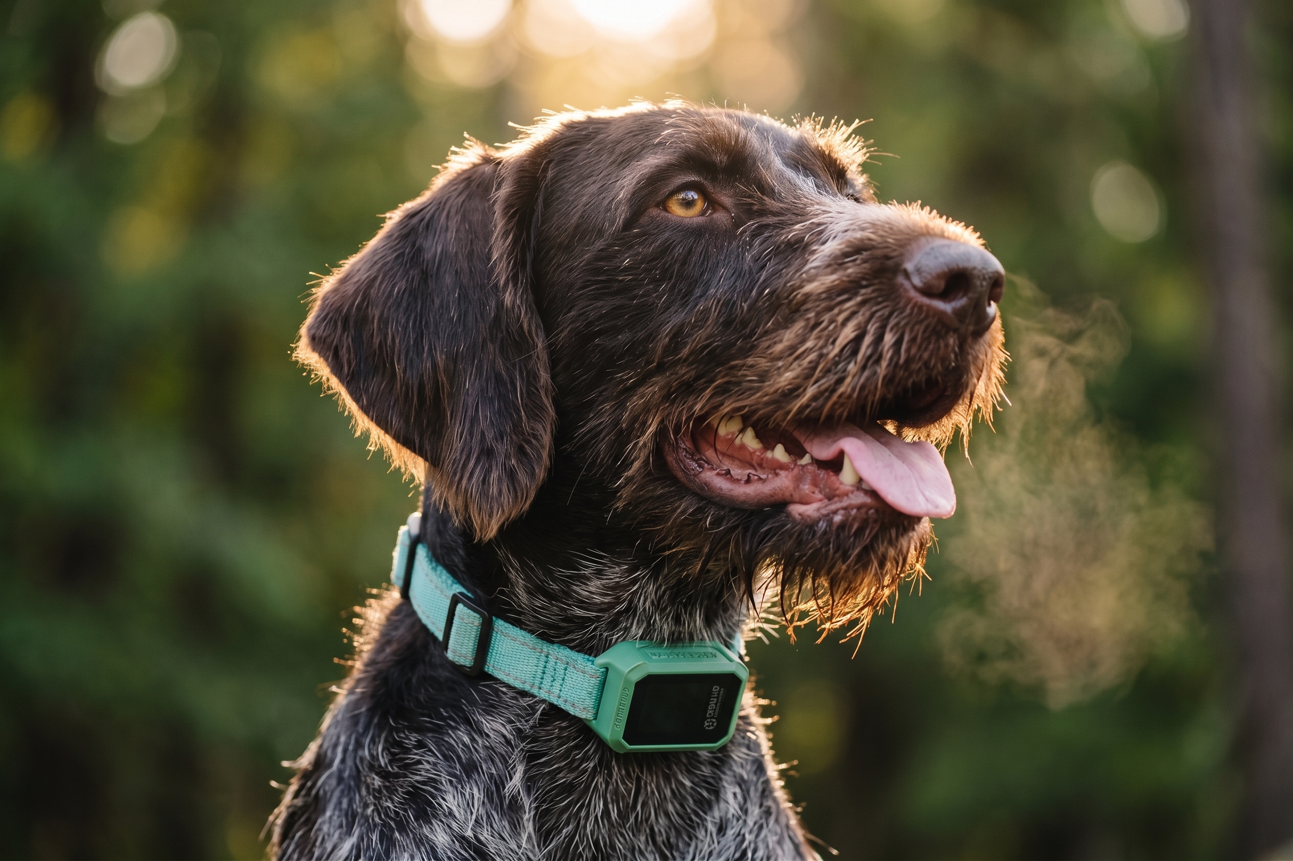 Dog wearing Pawtronic GPS collar in outdoor setting